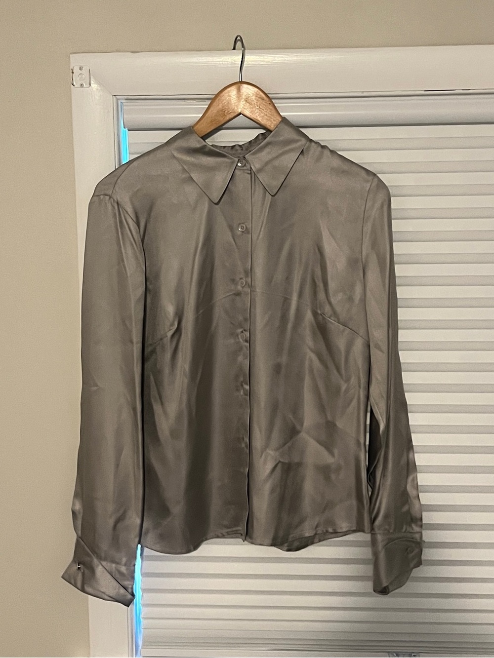 Ann Taylor Satin Button-Down Shirt in Taupe Gray